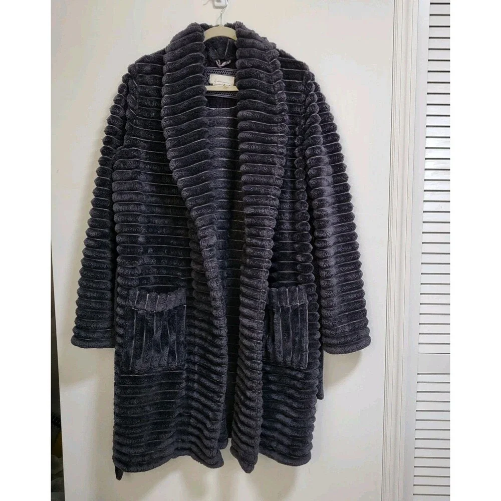 ANTHROPOLOGIE Mariposa Robe Womens M/L Charcoal Velvet Tie Faux Fur Plush Cozy - Picture 3 of 8